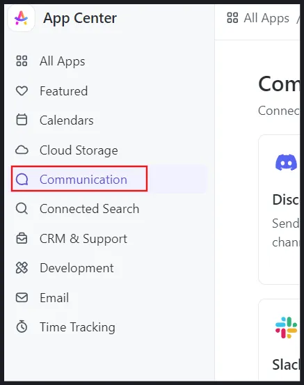 Cách thêm lịch vào Discord: kiểm tra thanh bên 'App Center' và chọn 'Communication'