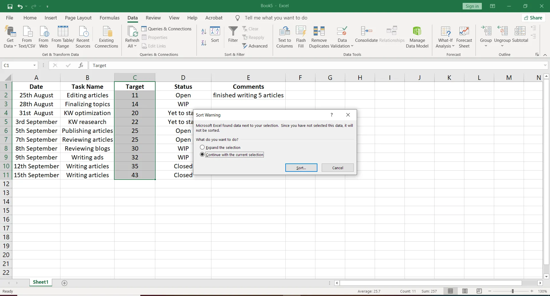 Cảnh báo sắp xếp trong Excel