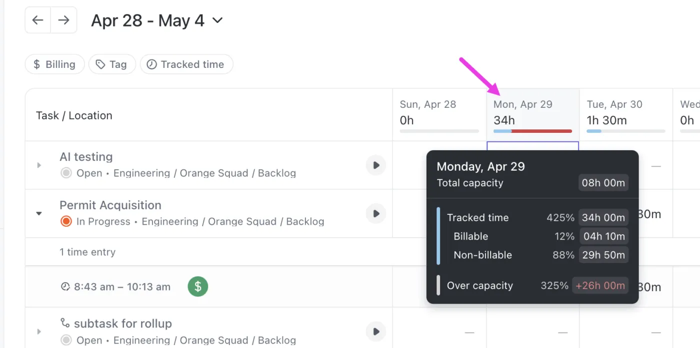 Analysez les données de suivi du temps du projet ClickUp pour identifier les tendances dans l'achèvement des tâches : Planification des capacités