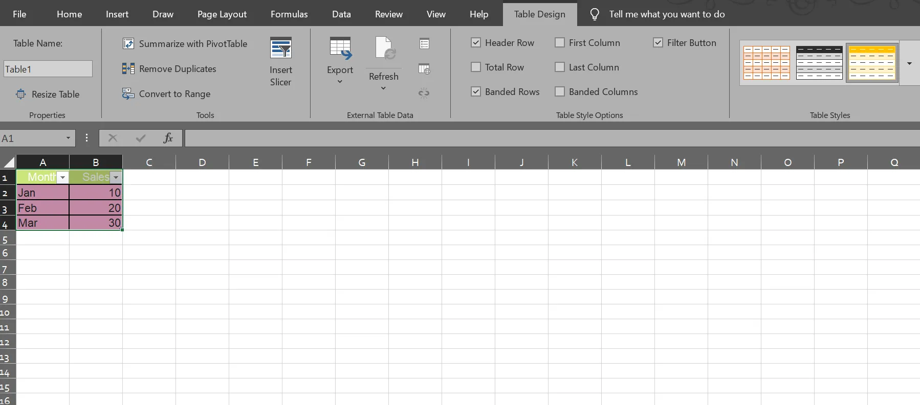 Excel sẽ tạo thành bảng sau khi bạn nhấn 'OK'