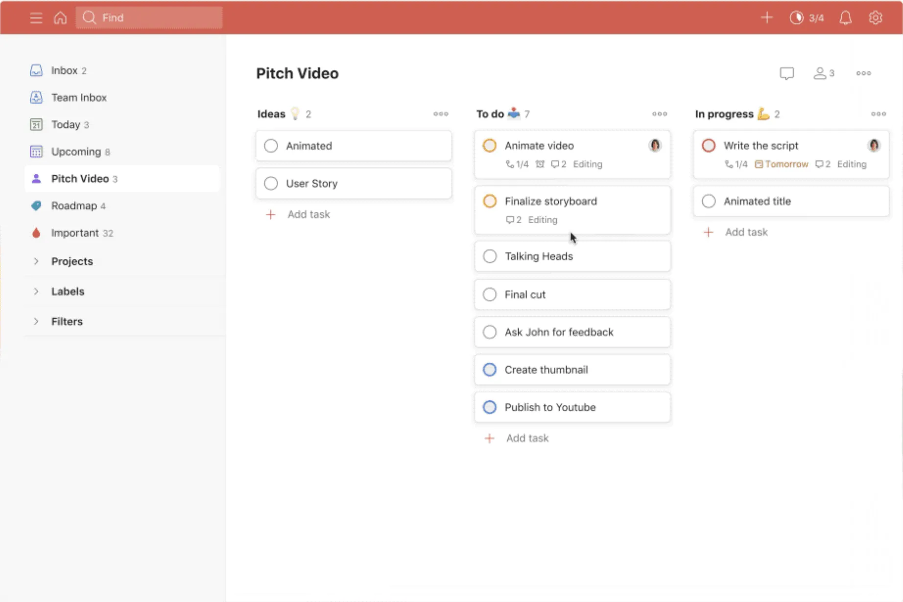 Ví dụ về chế độ xem Bảng của Todoist