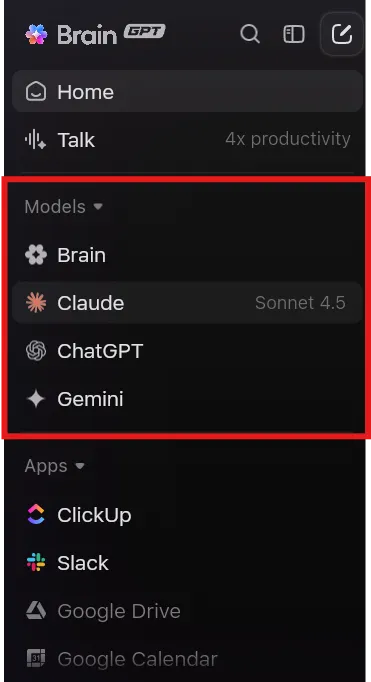 ClickUp BrainGPT: 왼쪽 사이드바에서 다양한 AI 모델을 확인하세요