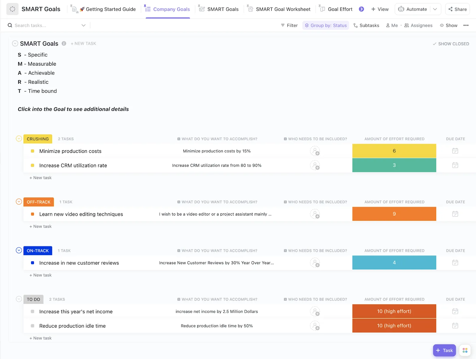 Plantilla para establecer metas: Plantilla de metas SMART de ClickUp