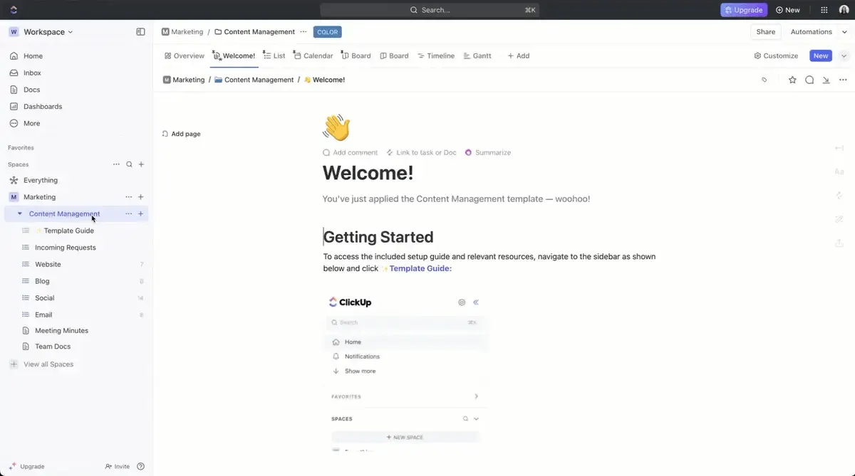Plantilla de gestión de contenido de ClickUp