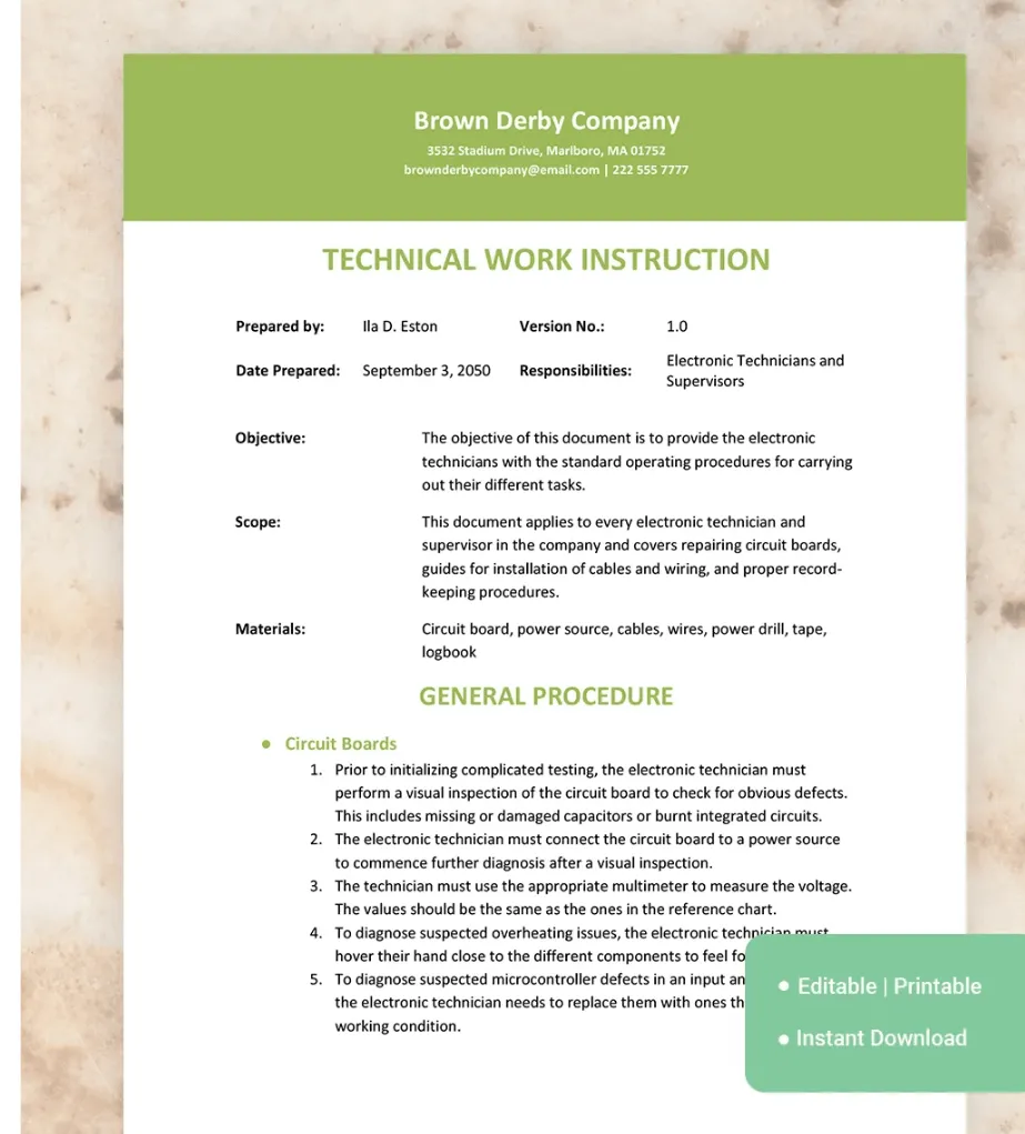 Modello di istruzioni tecniche di lavoro Microsoft Word