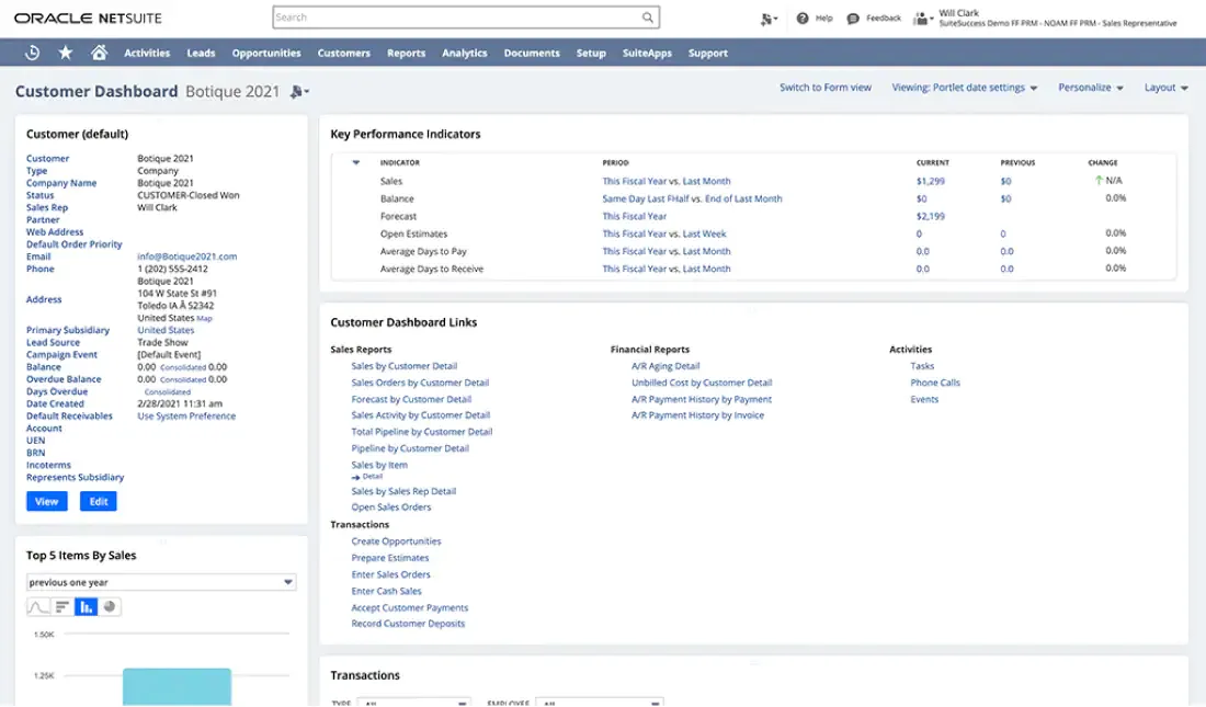 Oracle NetSuite CRM-Kunden-Dashboard