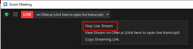 انقر على Otter.ai Live Transcript (نسخة حية من Otter.ai) واختر Stop Live Stream (إيقاف البث المباشر) - كيفية استخدام Otter AI مع Zoom