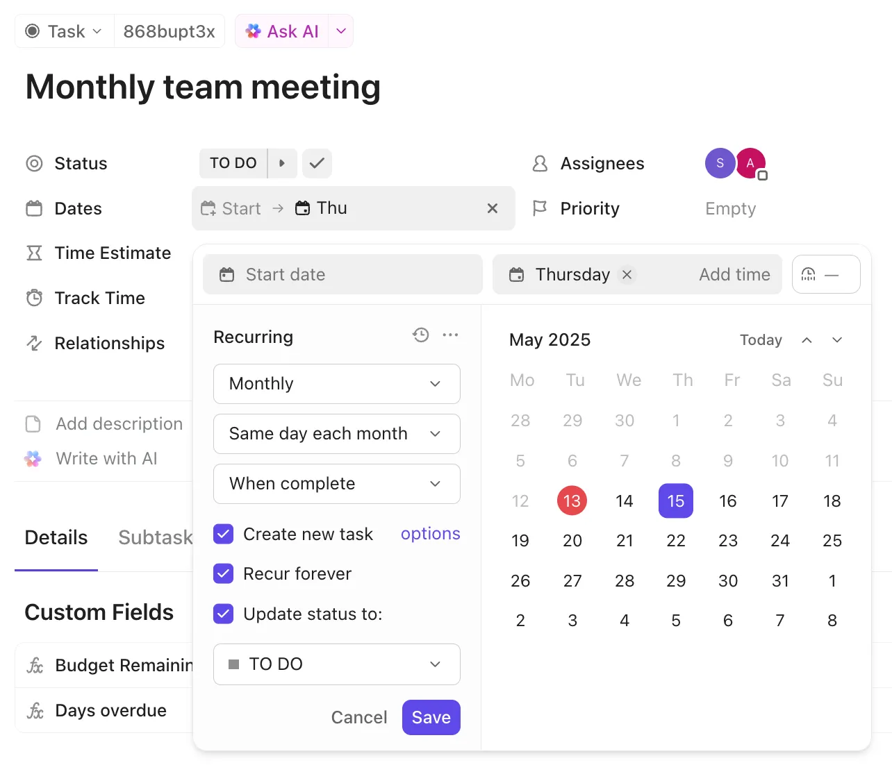 Recurring Task in ClickUp: Automated repeating task for scheduled reviews