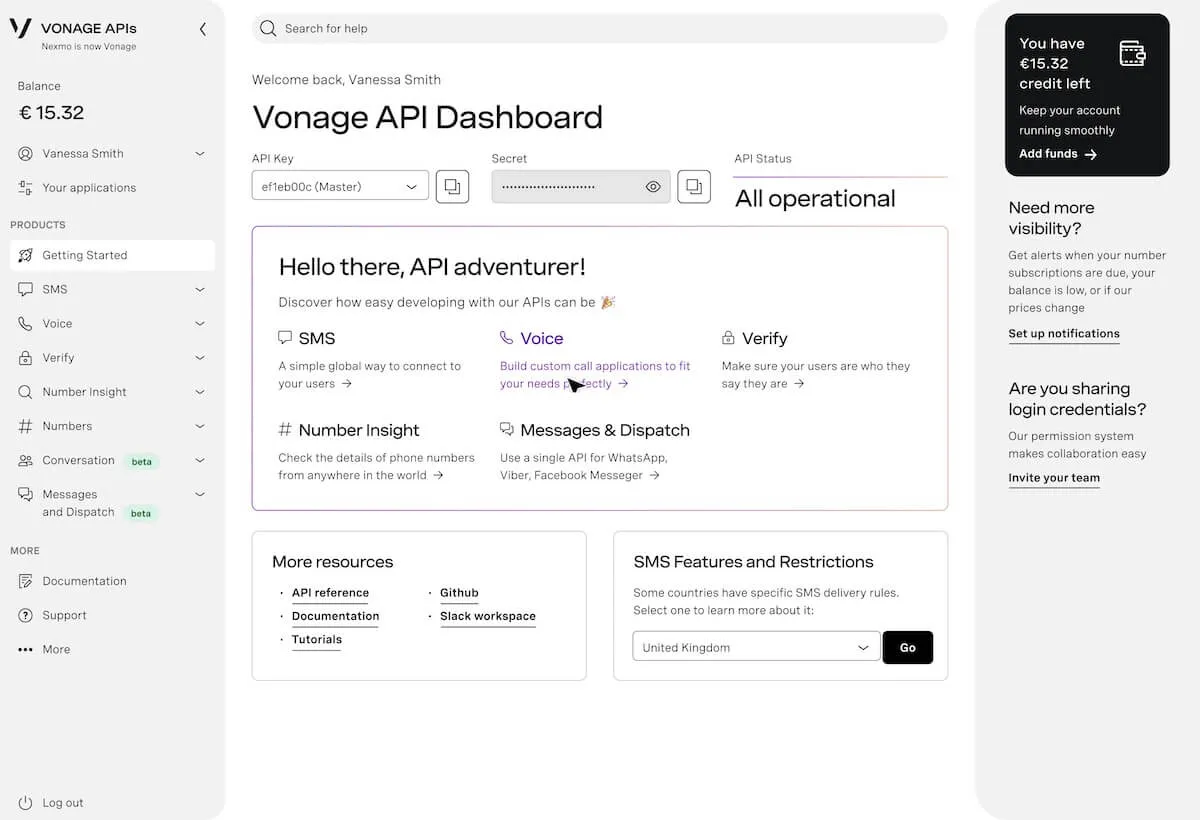 ทางเลือกของ Twilio: แดชบอร์ด API ของ Vonage