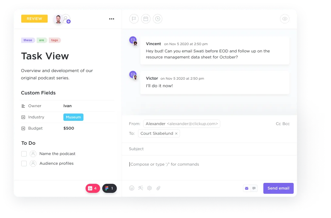 Ví dụ về email trong ClickUp