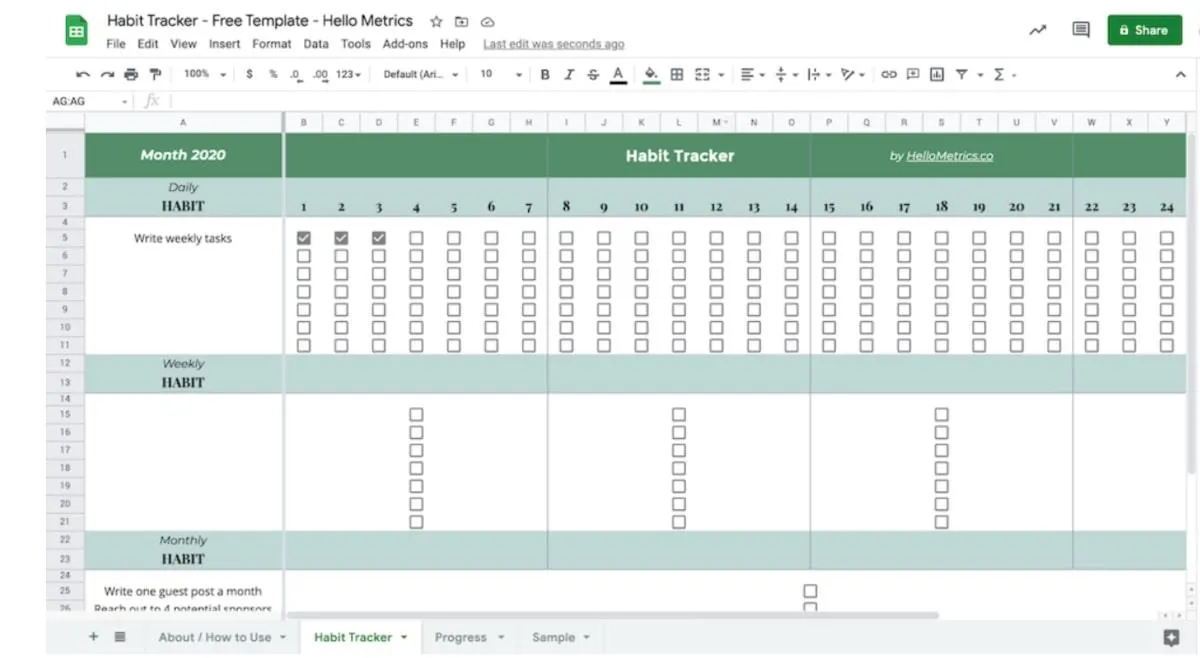 Google Spreadsheets-sjabloon voor gewoontetracker