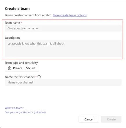 Crea team e descrizione