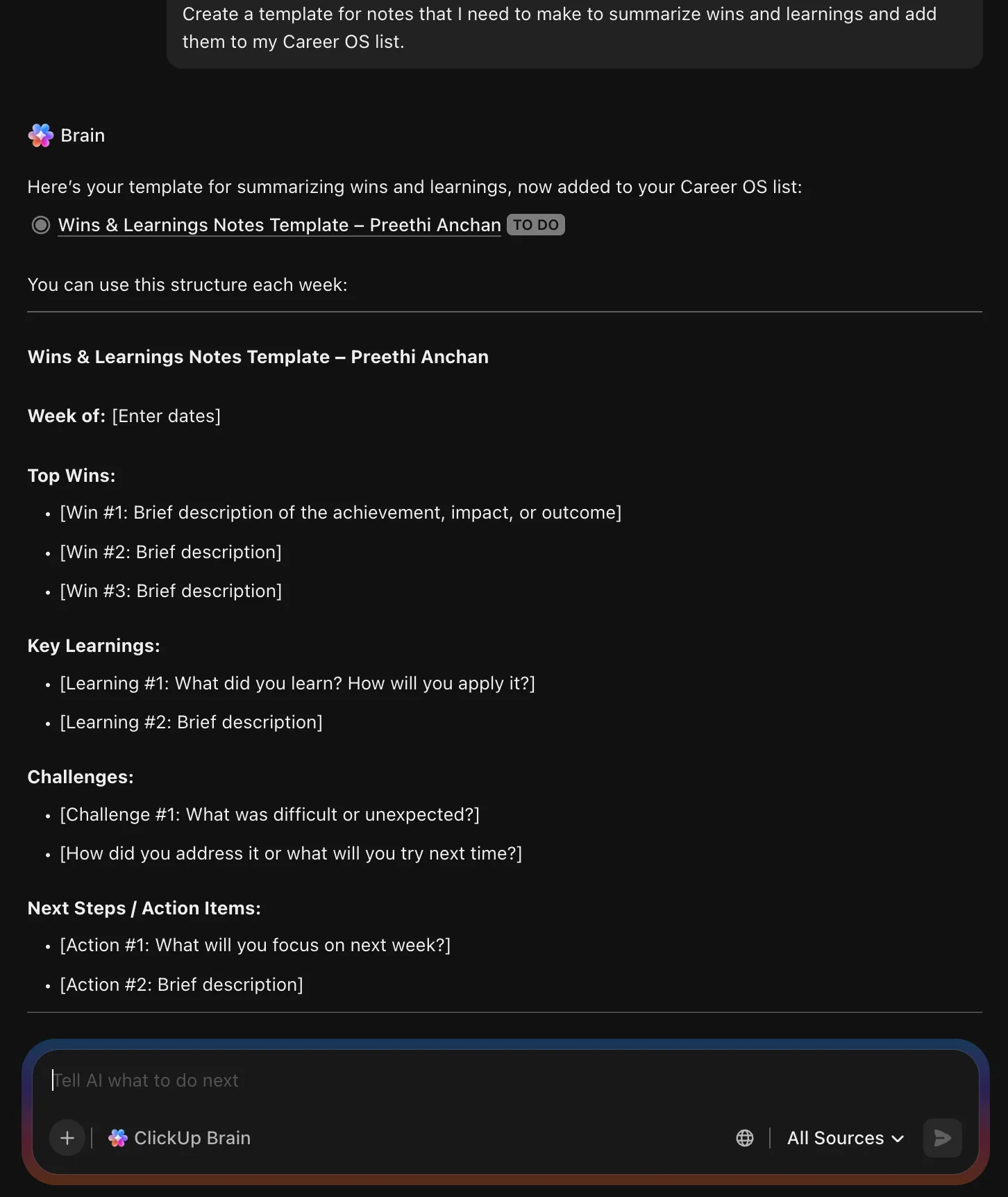 Gunakan ClickUp Brain untuk membuat tugas untuk mencatat keberhasilan Anda dan membantu merangkumnya.