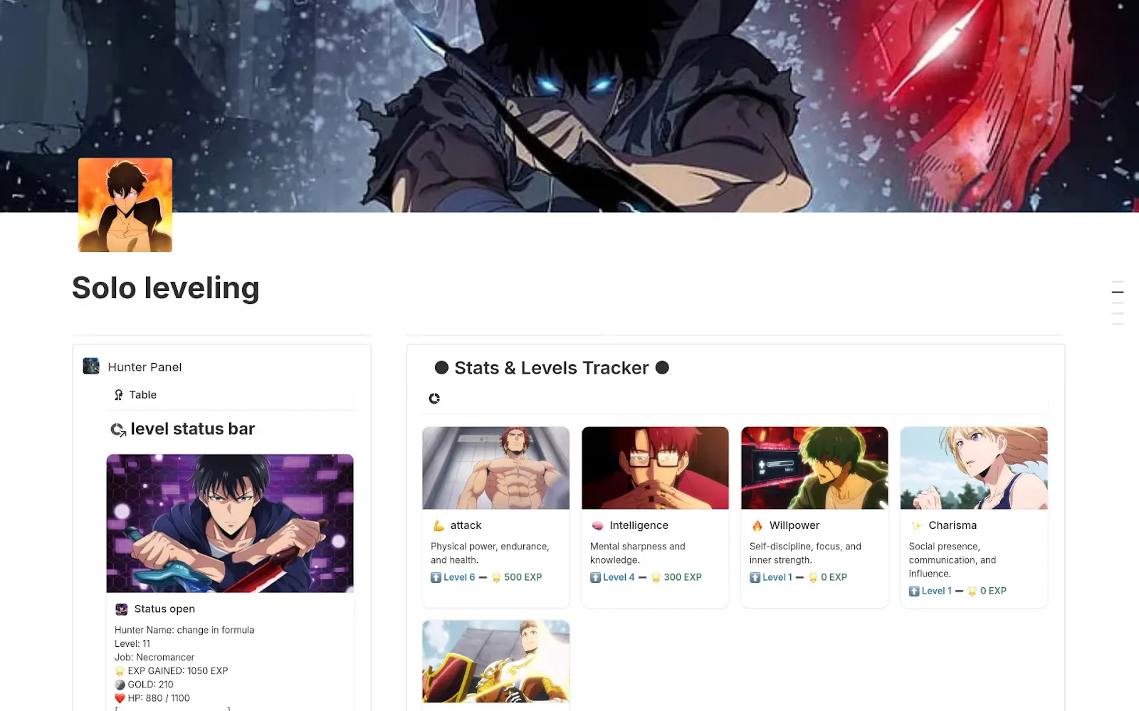 قالب Solo Leveling بواسطة Shara على Notion: قالب نظام Solo Leveling