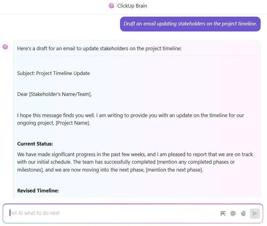 Verfassen Sie klare, professionelle E-Mails für Projekt-Updates über ClickUp Brain: So nutzen Sie ClickUp AI