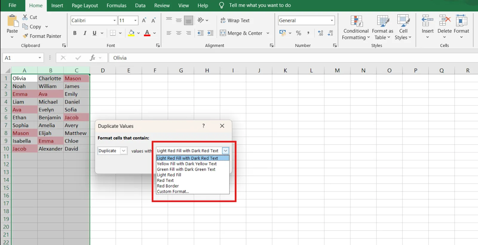 วิธีค้นหาข้อมูลซ้ำใน Excel - เลือกสไตล์การจัดรูปแบบ