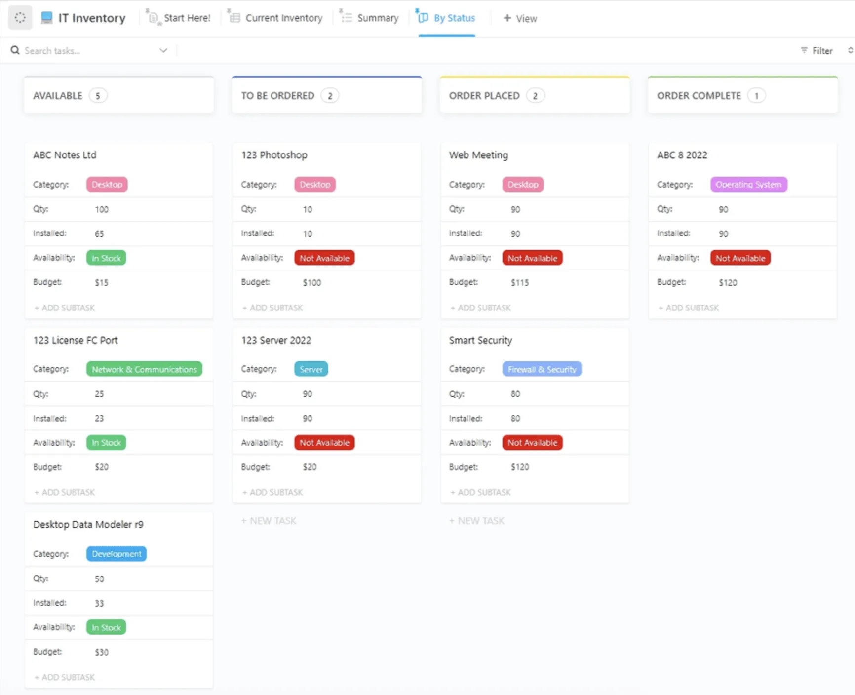 Organizza le eccedenze di magazzino con una bacheca ClickUp drag-and-drop