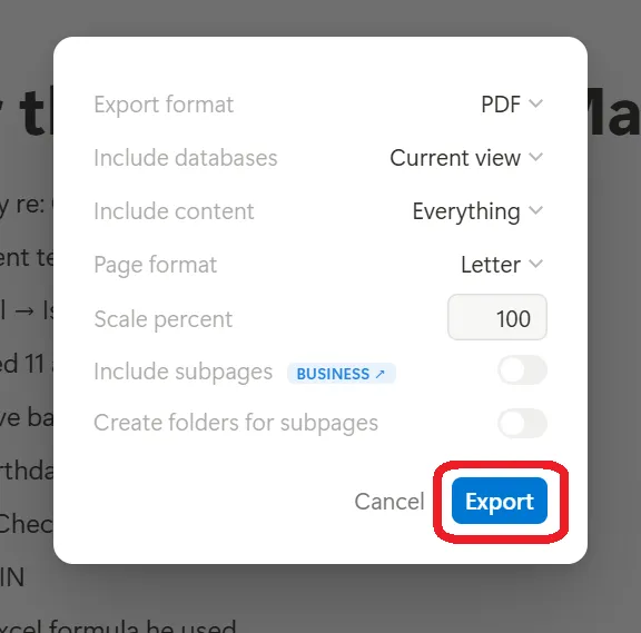 Boîte de dialogue pour télécharger le PDF de Notion