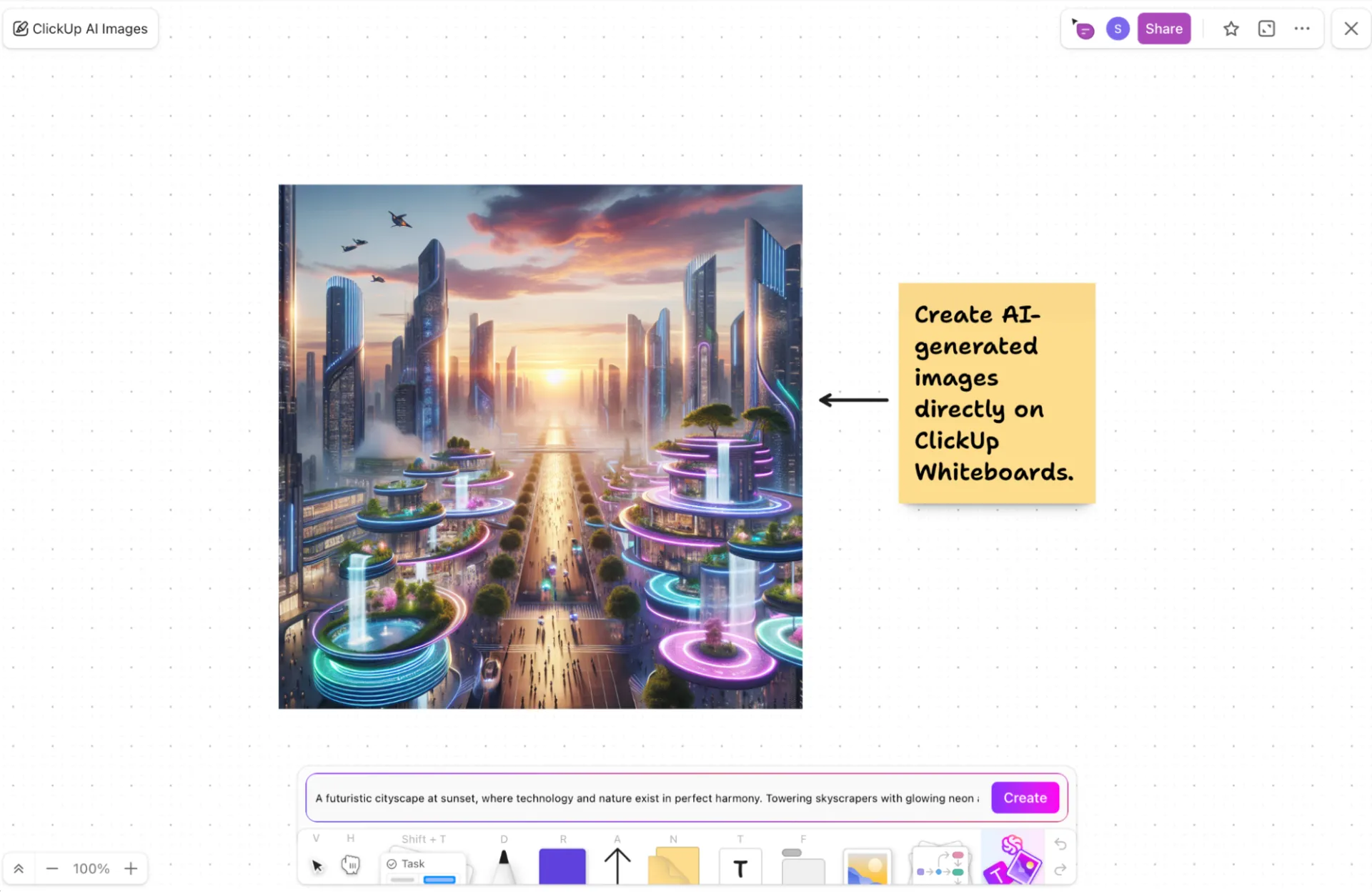 Използвайте ClickUp Whiteboards, за да създавате и модифицирате AI изображения.