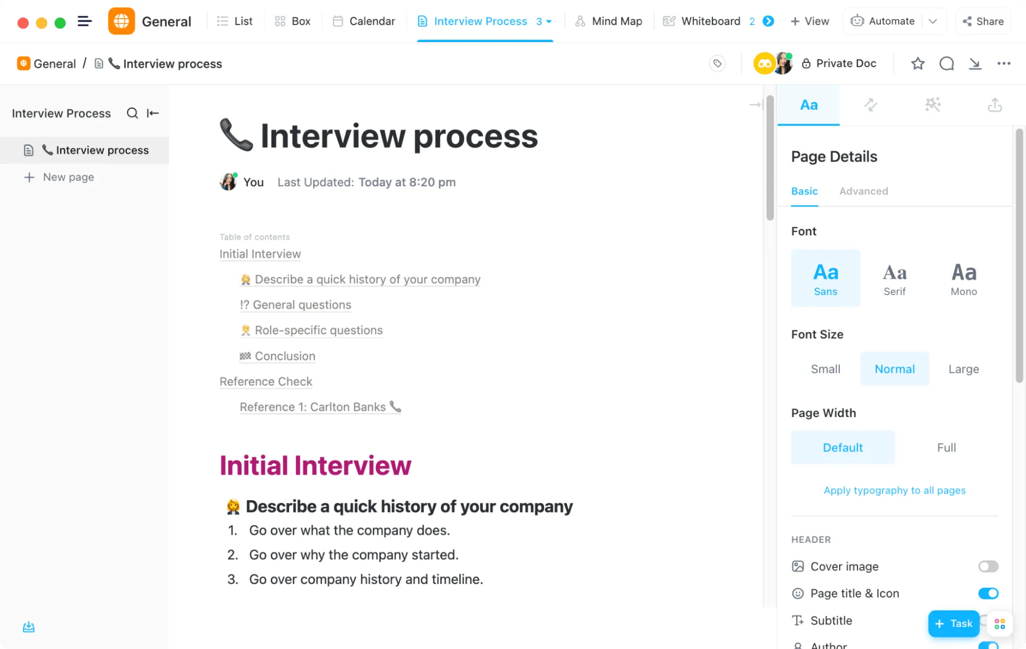 Plantilla del proceso de entrevista de ClickUp