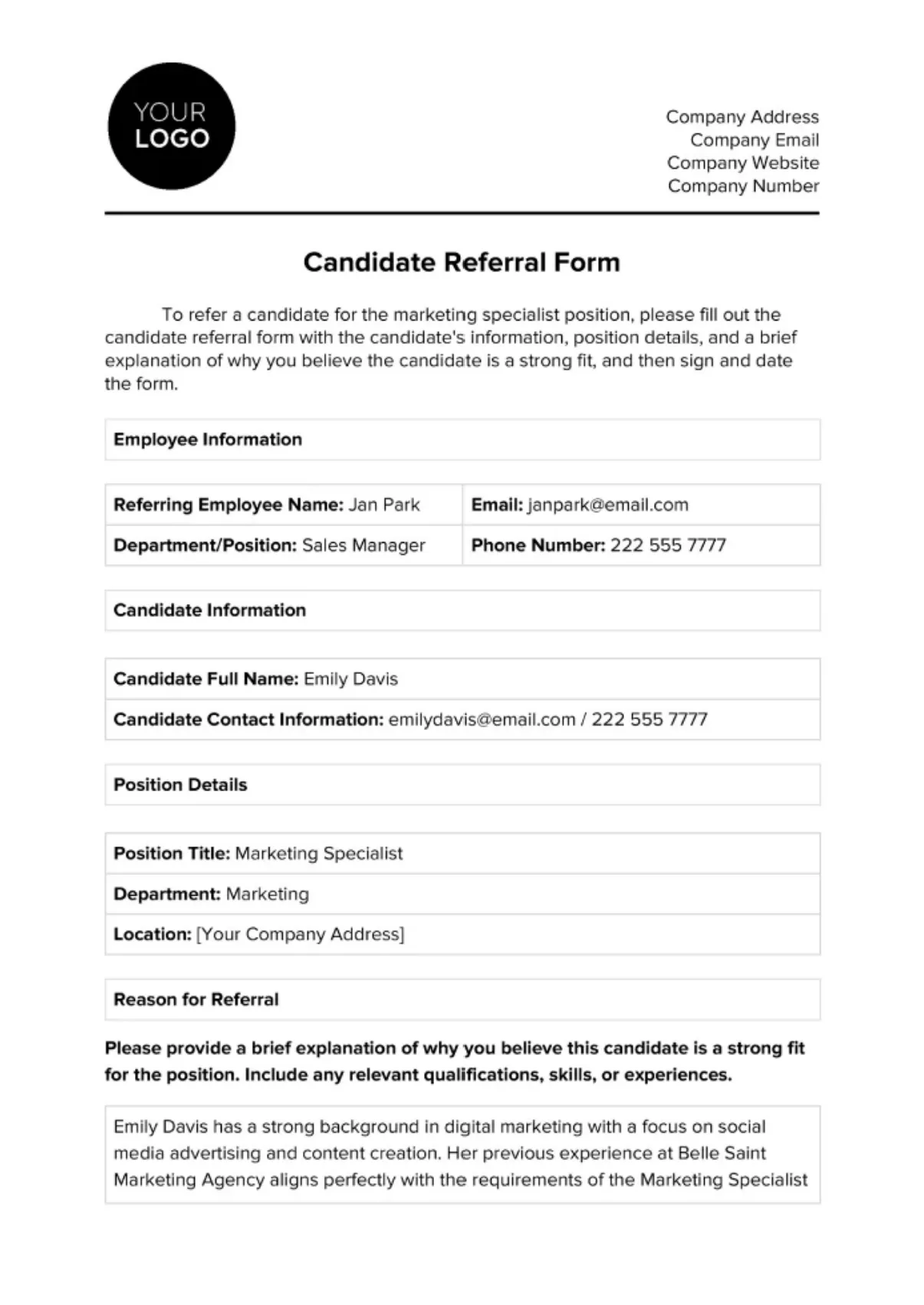Šablona doporučovacího formuláře Microsoft Word HR od Template.net