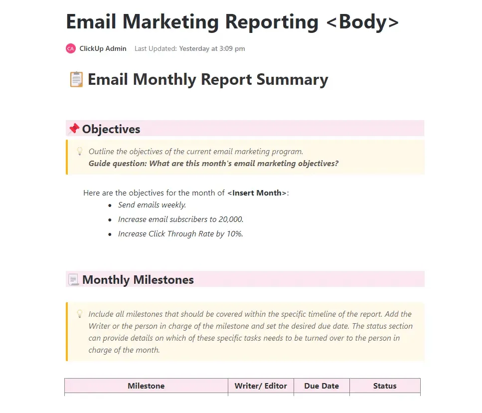 Le modèle de rapport de marketing par e-mail de ClickUp est conçu pour vous aider au suivi et à l'analyse de l'efficacité de vos campagnes par e-mail.