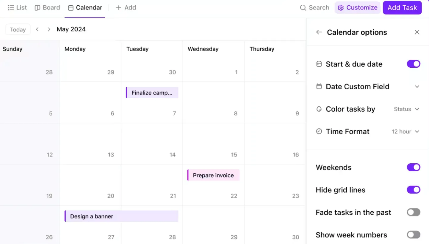 Vista de calendario de ClickUp: finalice una reunión con planes para el seguimiento ya establecidos.