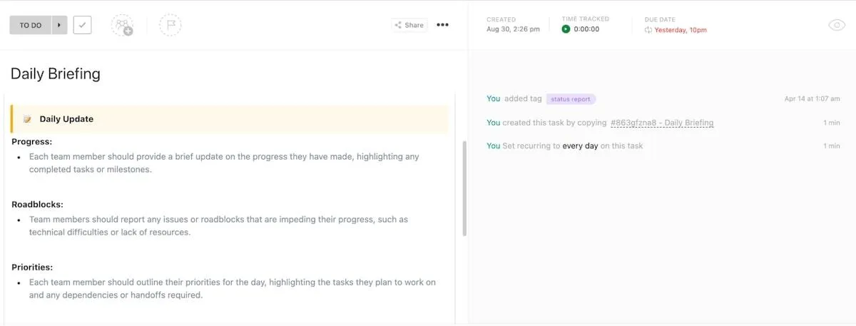 Registre o progresso diário, as prioridades e os obstáculos de cada projeto com o modelo de briefing diário do ClickUp.