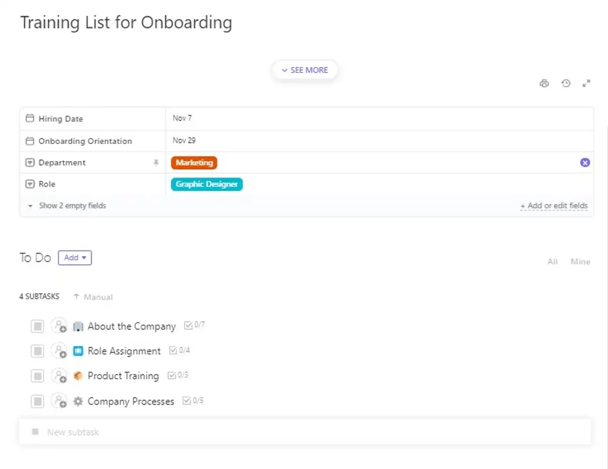 Využijte šablonu ClickUp Training List for Onboarding Template pro praktický školicí program, který zvýší produktivitu nových zaměstnanců.