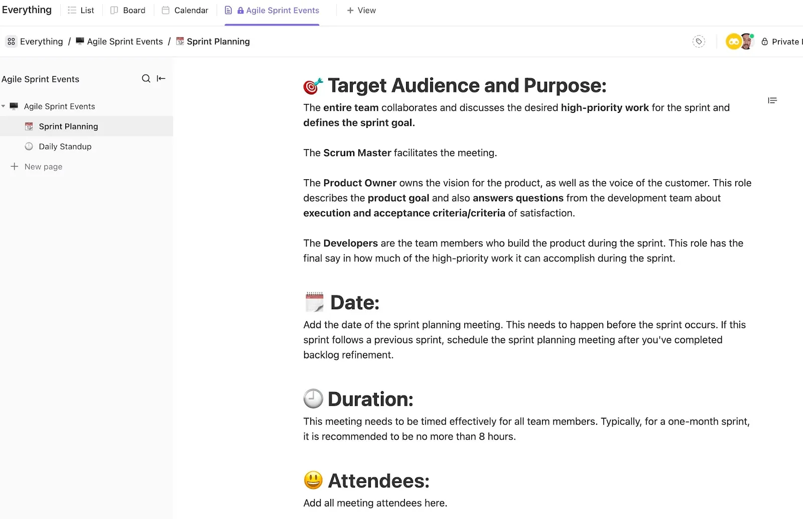 Plantilla de eventos ClickUp Agile Sprints Plantillas de Confluence