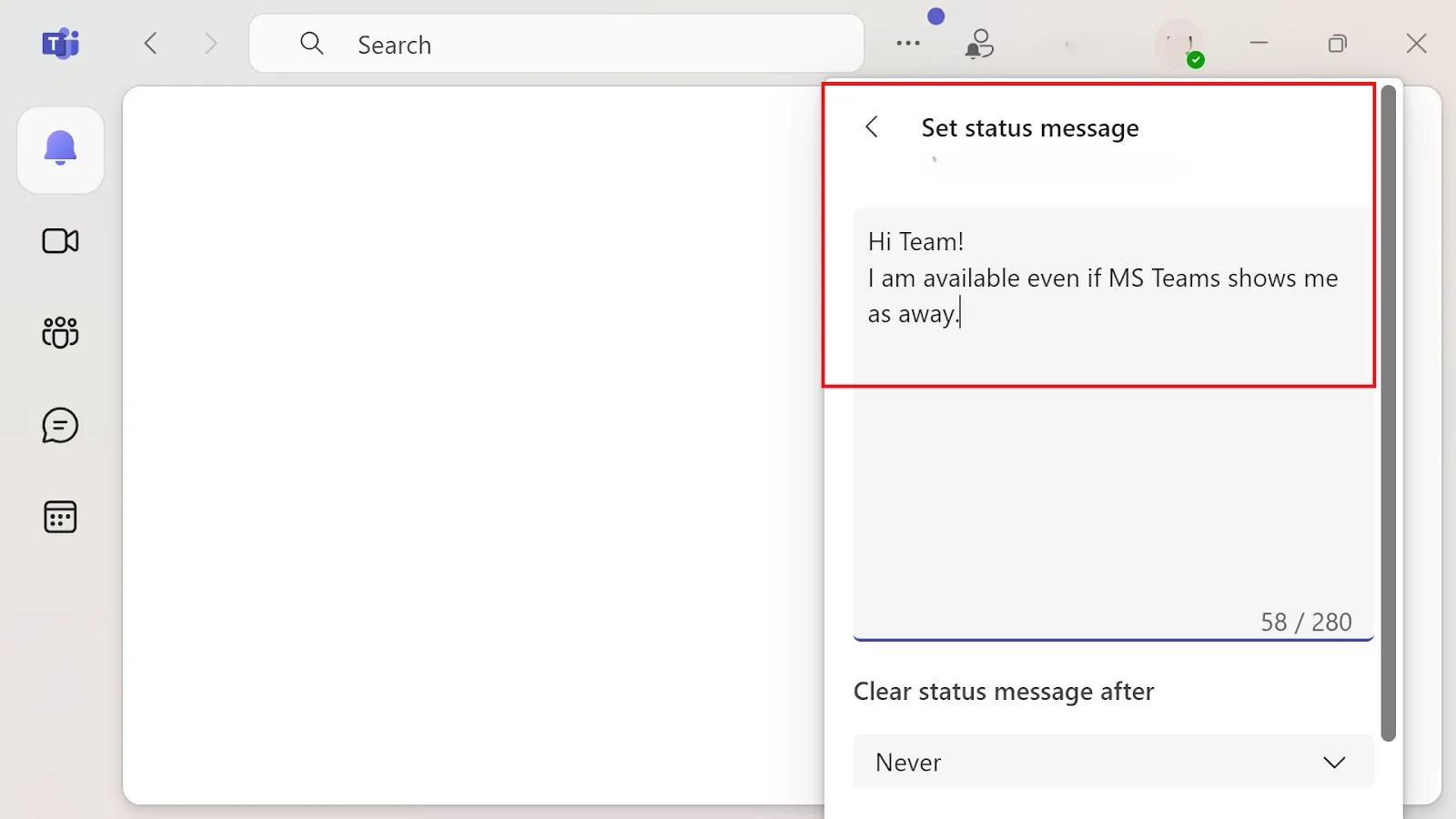 Définir un message de statut dans l'application Microsoft Teams