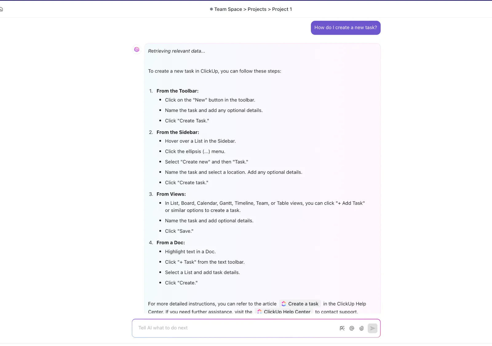 ClickUp Brain, aby zrozumieć cykl pracy
