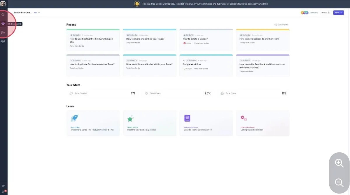 Software de manual do usuário: painel do Scribe