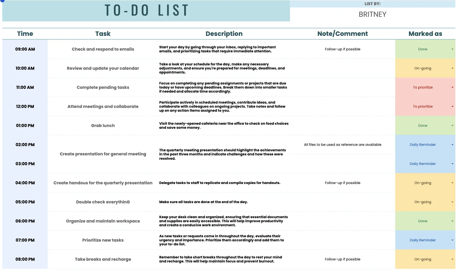Plantilla de lista de tareas pendientes de las Hojas de cálculo de Google de TEMPLATE.NET
plantilla de lista de tareas pendientes de las Hojas de cálculo de Google