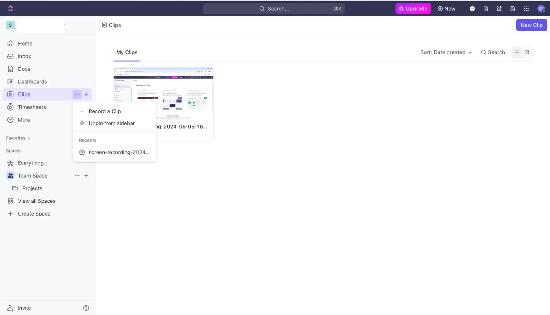 Grave vídeos de treinamento em algumas etapas simples com o ClickUp Clips.