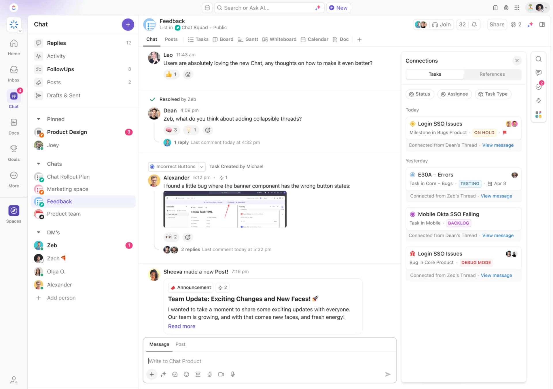 ClickUp Chat: En del av programvaran för enhetliga arbetsytor som omvandlar konversationer till handling.