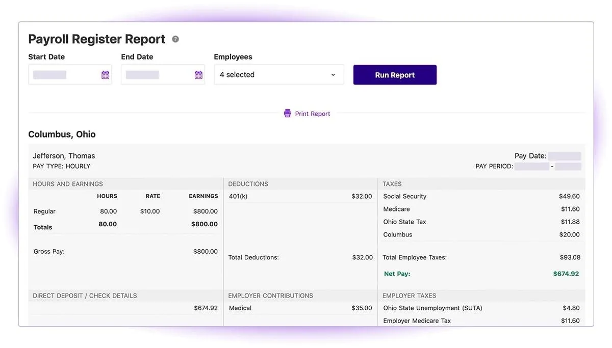 Trang Báo cáo đăng ký lương của Patriot Software