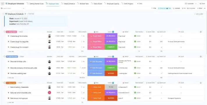 Modelo de horário de trabalho para funcionários do ClickUp