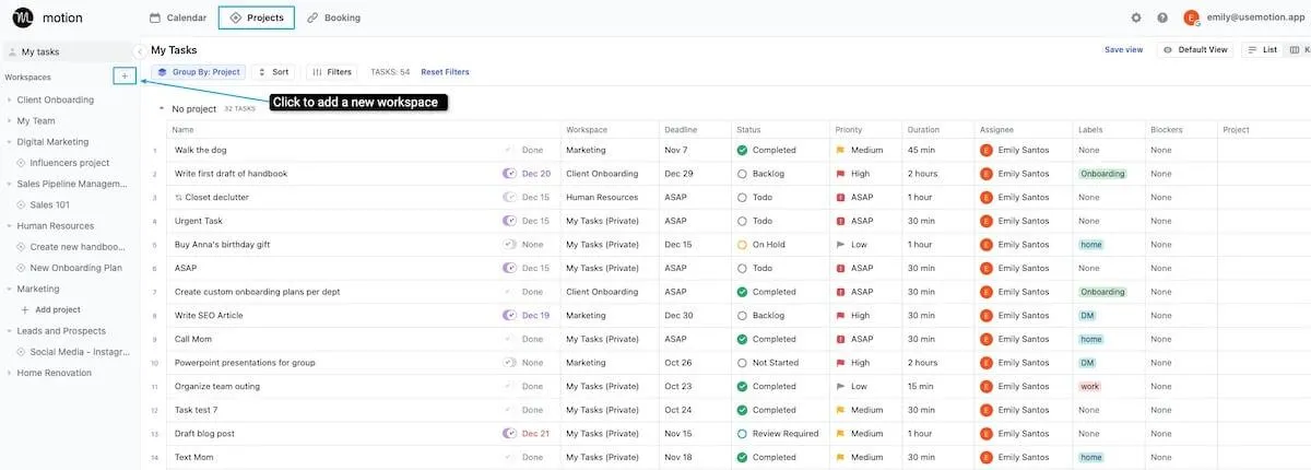 Critique de l'application Motion : vue de gestion de projet de Motion