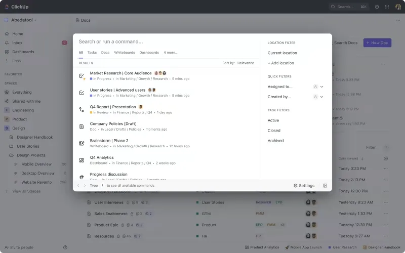 Obtenez des résultats de recherche plus personnalisés et pertinents grâce à la Recherche universelle ClickUp.