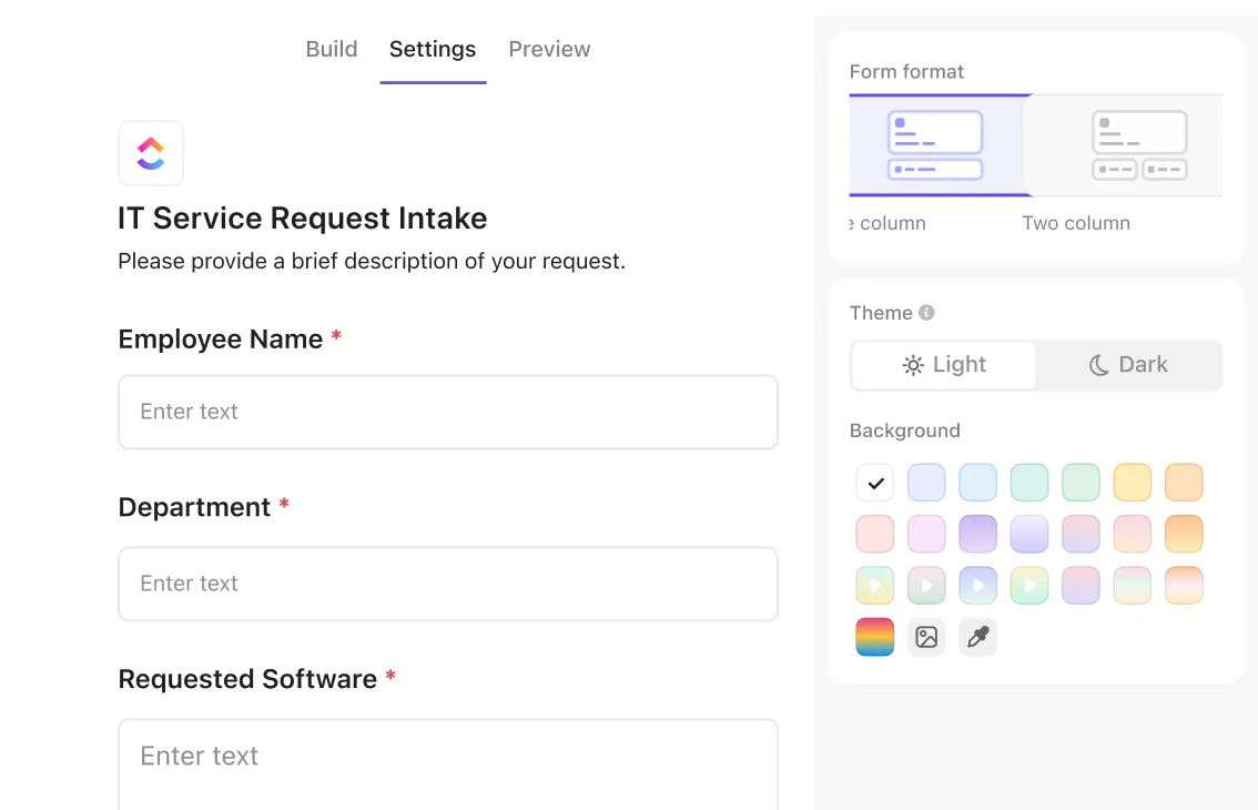Samla in omnämnanden och feedback direkt från ditt team med hjälp av ClickUp Forms – varumärkesövervakning.