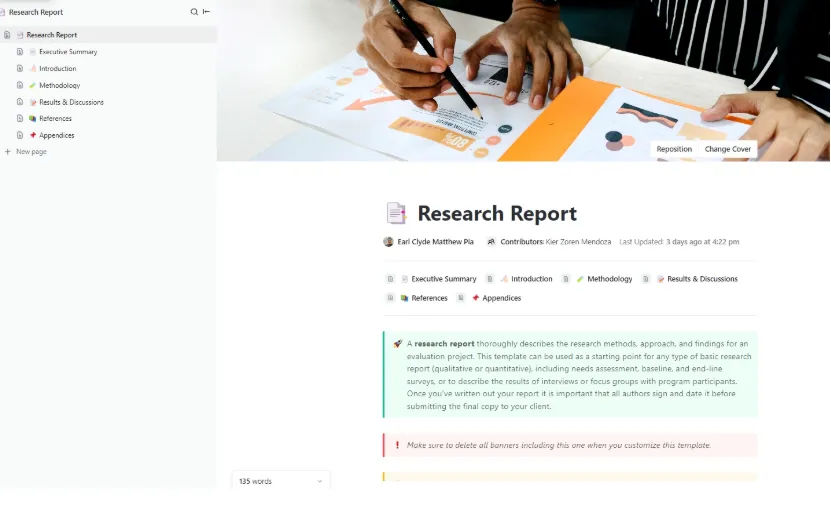 Modèle de rapport de recherche ClickUp : modèle de plan de dissertation
