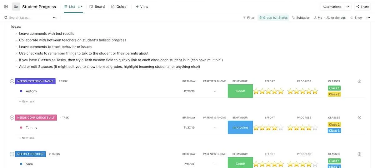 Шаблонът за напредъка на учениците на ClickUp е създаден, за да ви помогне да следите представянето и напредъка на учениците.
