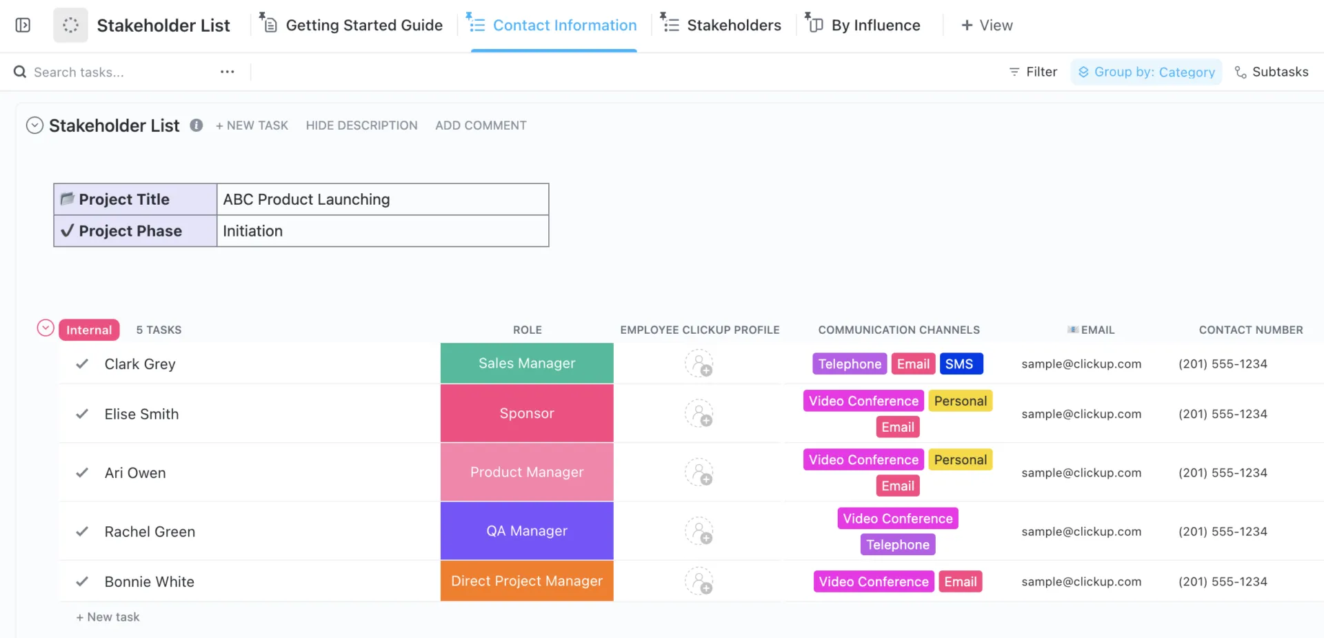 Gestione degli stakeholder: modello ClickUp Elenco stakeholder