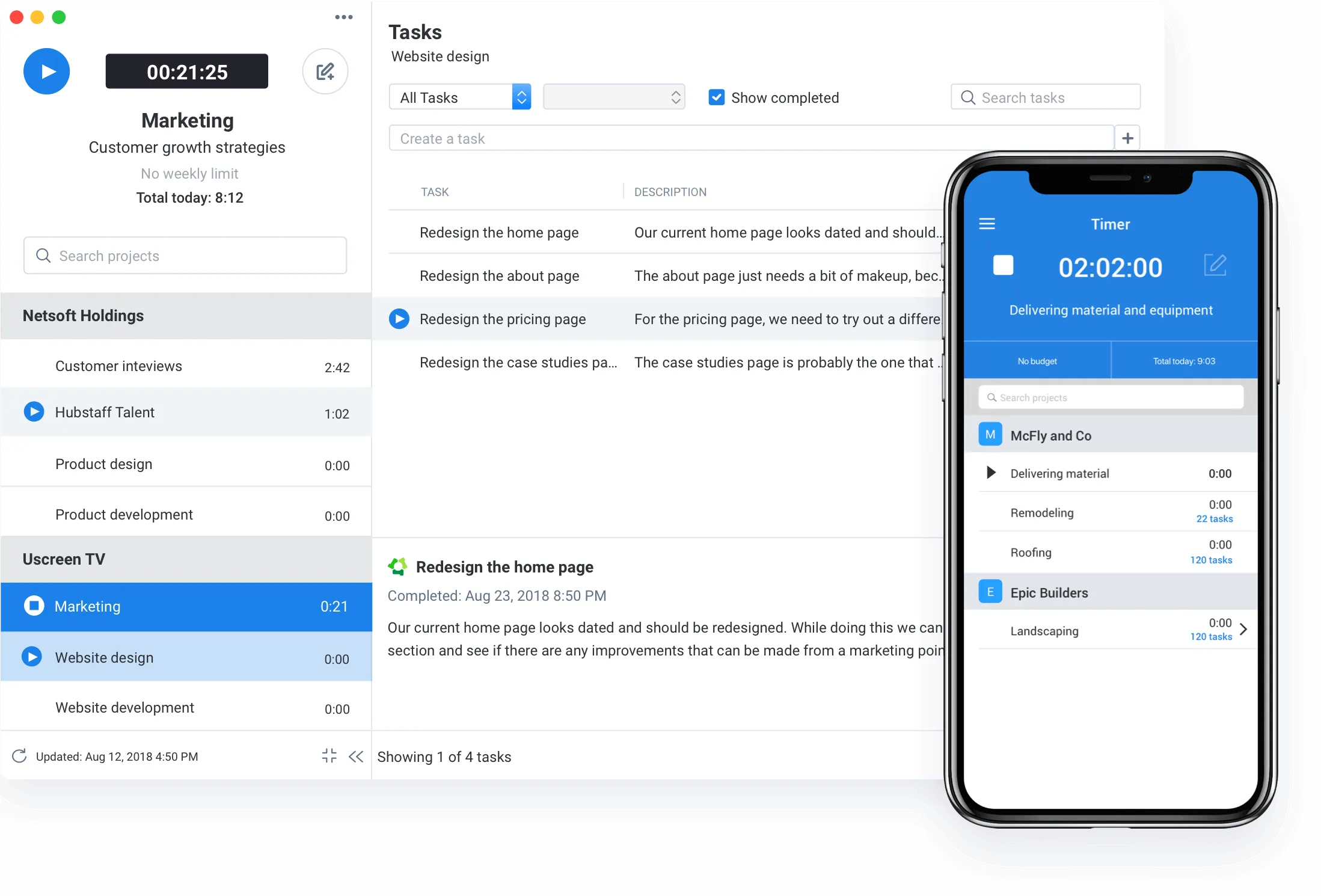 Visualizzazioni mobili e desktop di Hubstaff