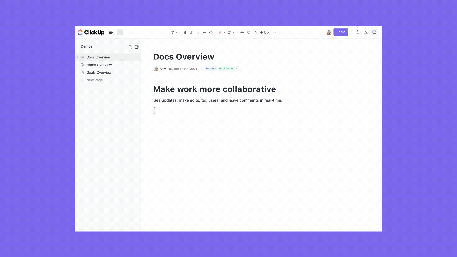 ClickUp Documents avec détection et modification en cours collaboratives
