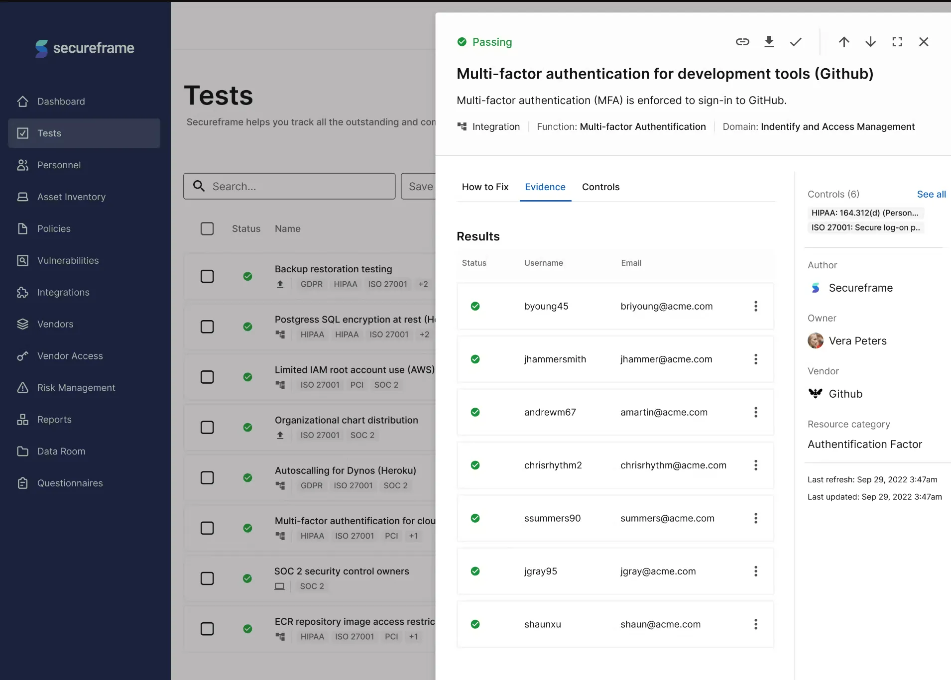 Tableau de bord des tests de surveillance continue dans Secureframe