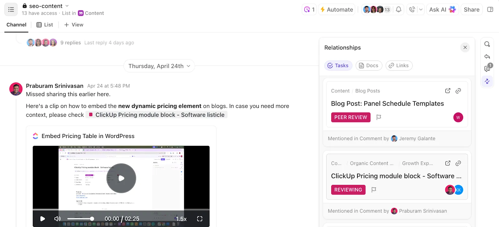 Vincula tus conversaciones a tus tareas y documentos en ClickUp utilizando ClickUp Chat.