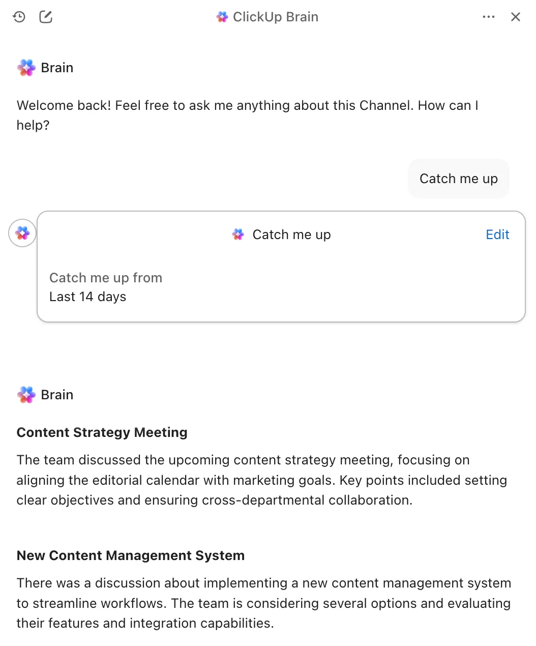 Tính năng "Catch me up" với ClickUp Brain và Trò chuyện