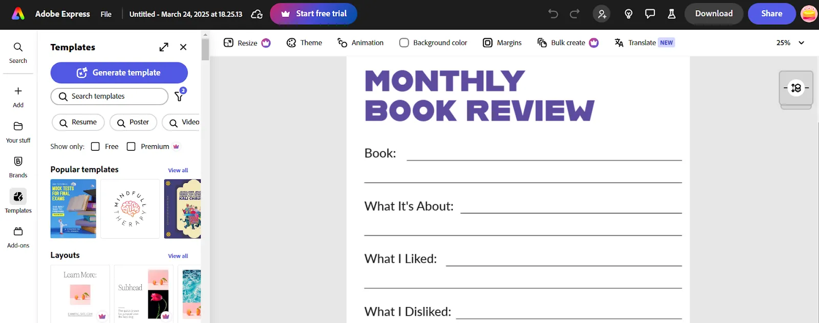 Modello di recensione mensile di libri di Adobe